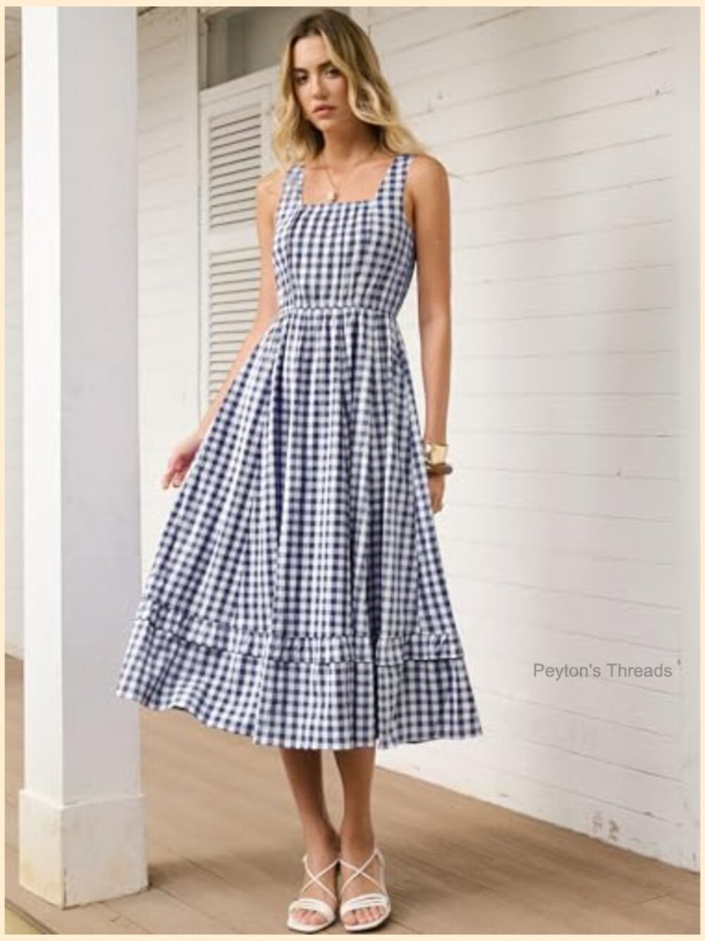 Womens Summer Casual Gingham Plaid Midi Dress Sleeveless Square Neck Flowy - Picture 4 of 7